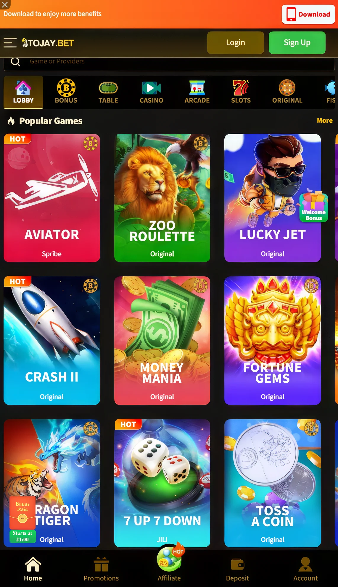2J Bet game lobby with slots, live casino and crash games